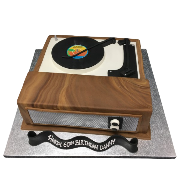 Bespoke cake shaped like a black record player with detailed turntable and tonearm, Solihull, West Midlands.