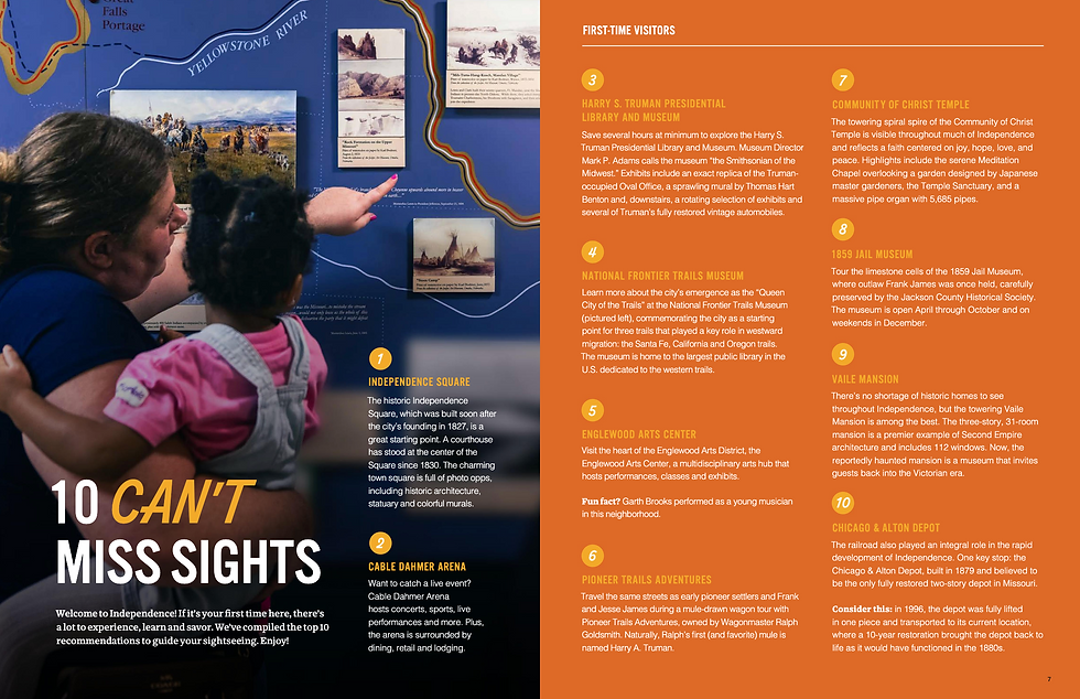 A page from the 2026 Independence Visitor's Guide highlights six local businesses in Independence, Missouri, as shopping recommendations.