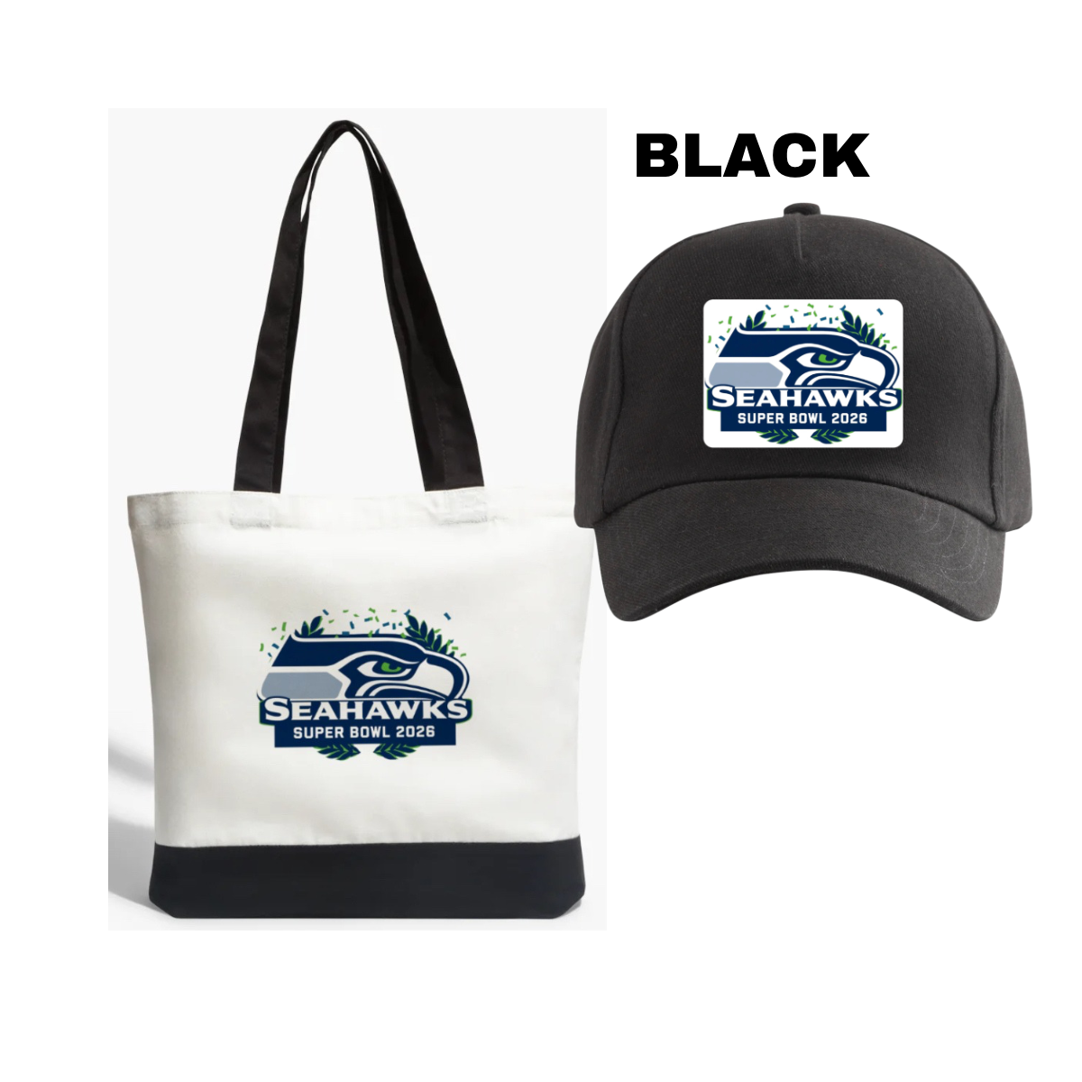Seattle Seahawks Tote Bag (front/back) & Black Cap 