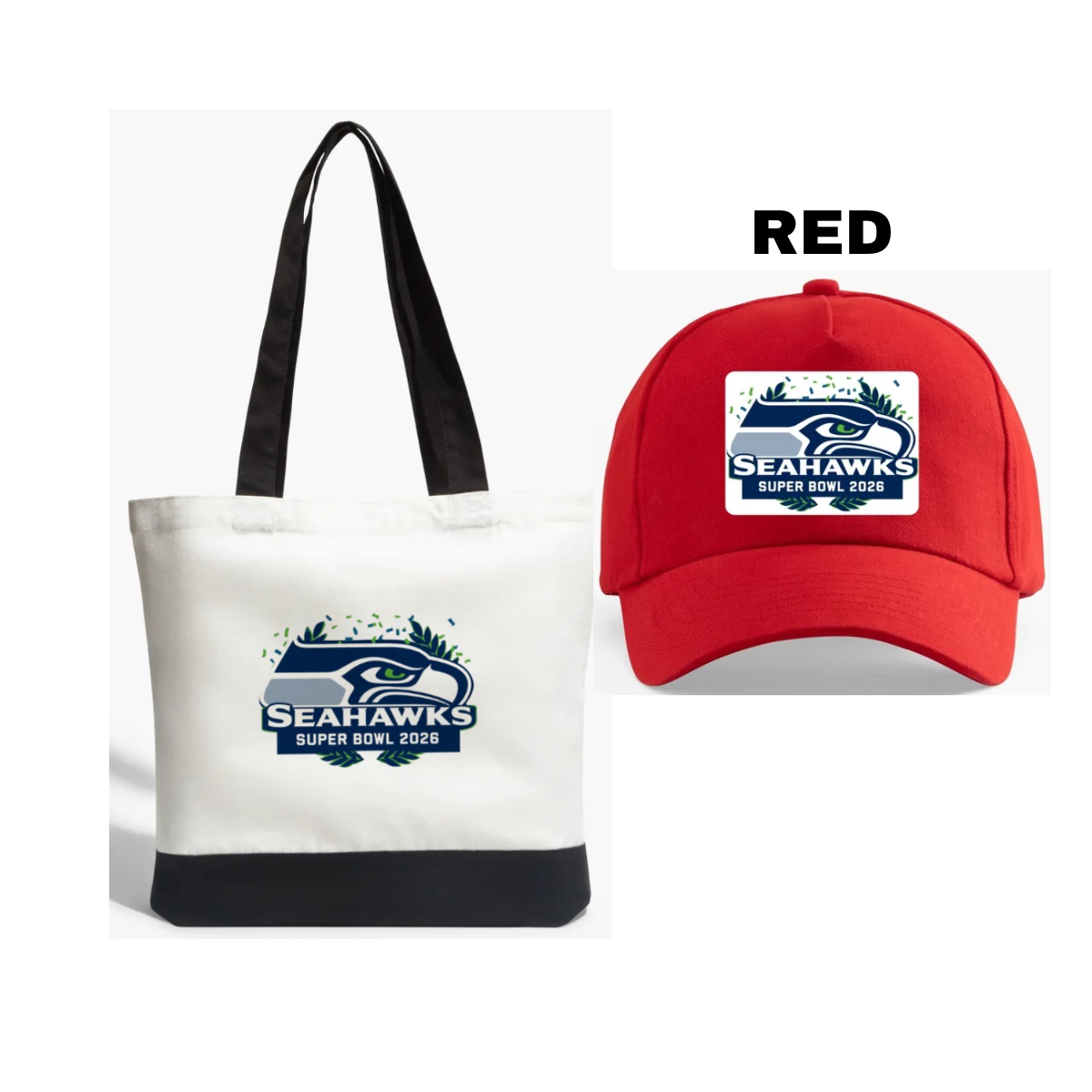 Seattle Seahawks Tote Bag (front/back) & Red Cap