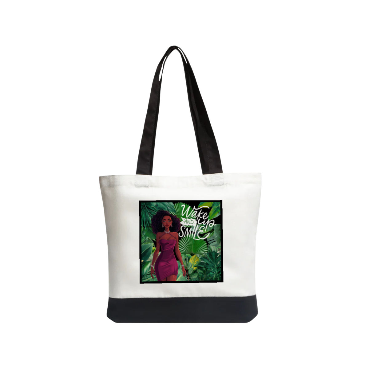 “Wake up & Smile”Tote Bag#3 (white, black)