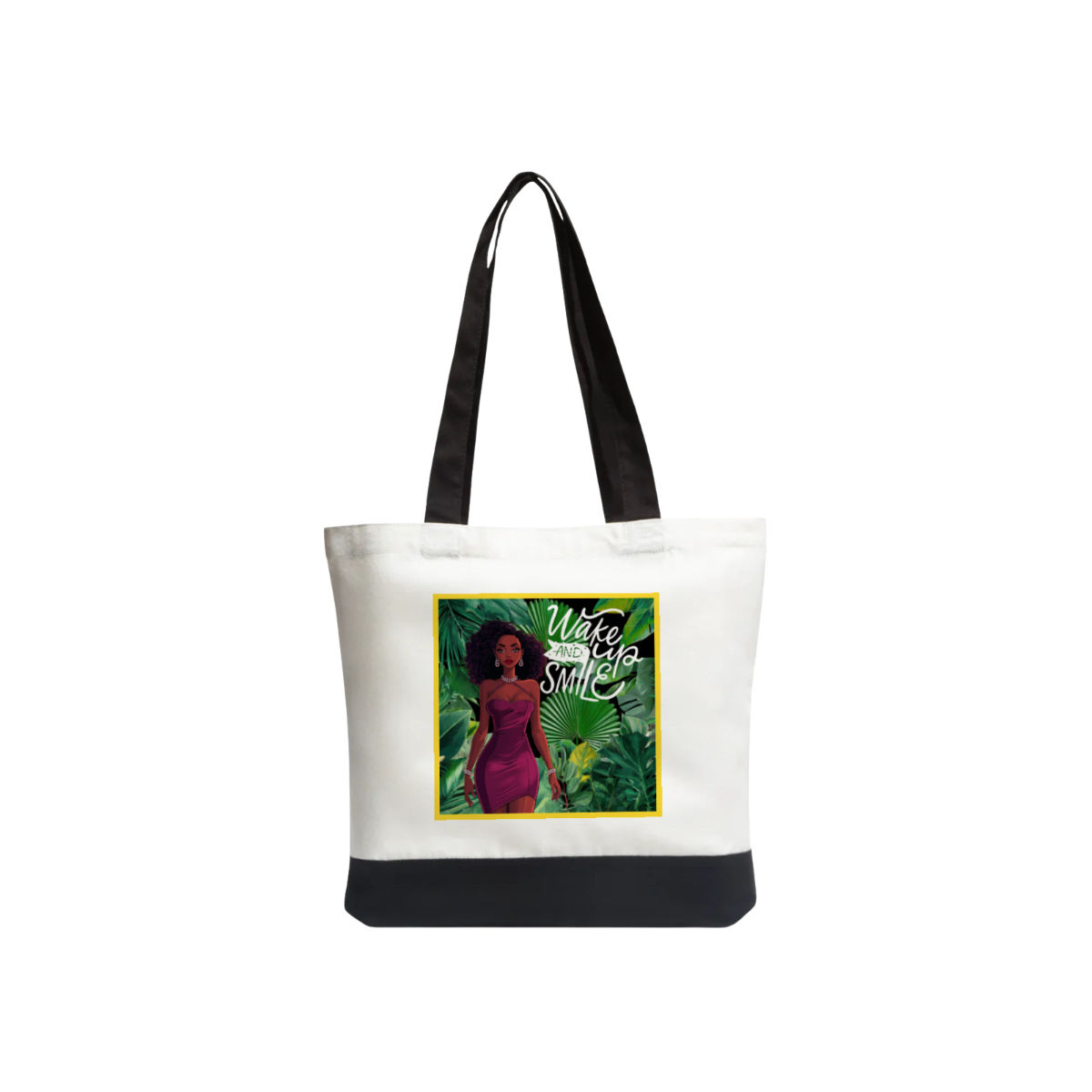 “Wake up & Smile”Tote Bag#1 (white, yellow green)