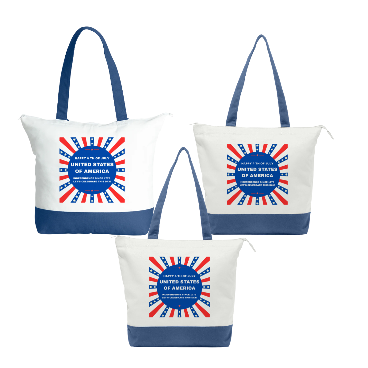 Happy 4 th of July Tote Bag Set #1 (blue & white)