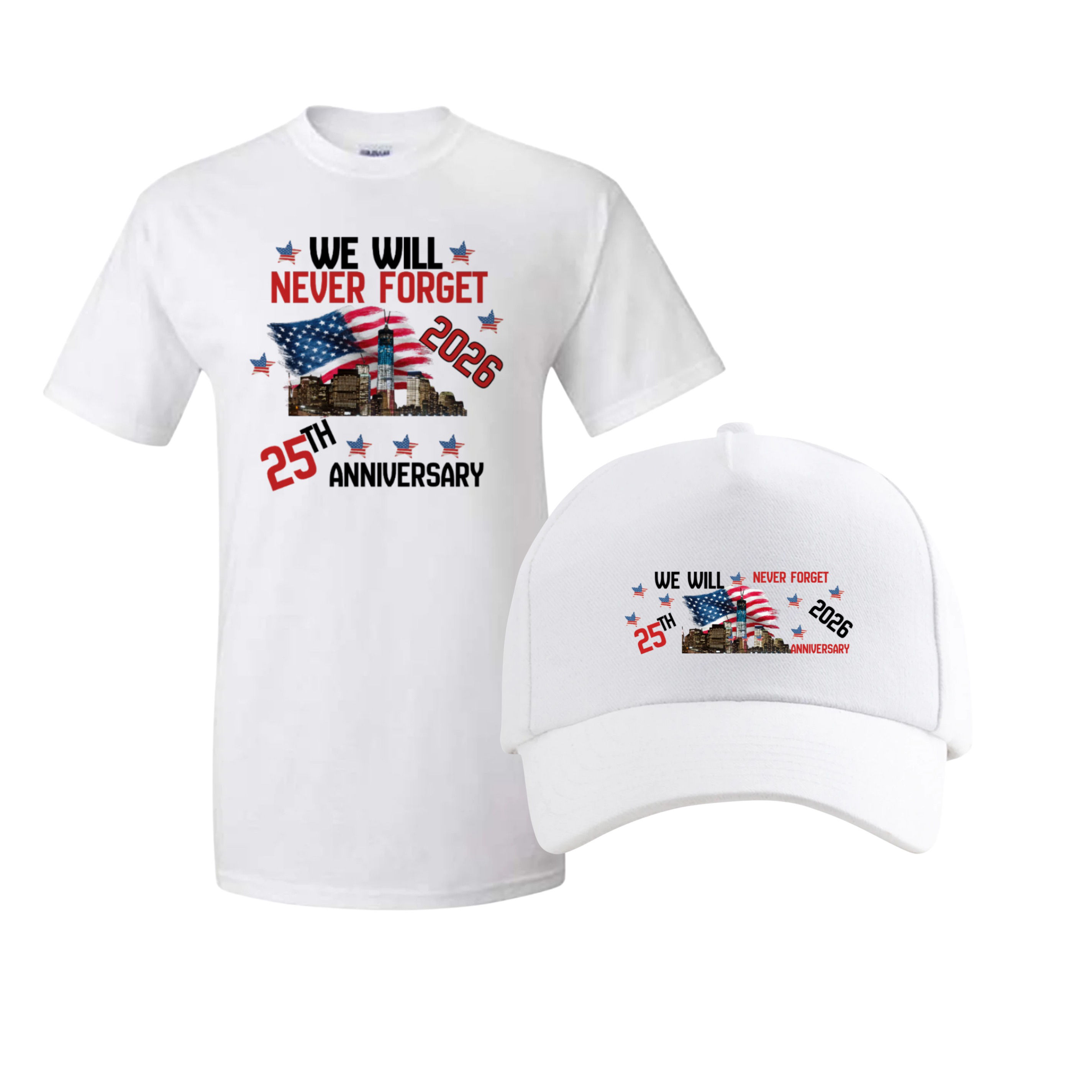 We Will Never Forget 25th Anniversary WhiteT-Shirt & White Cap