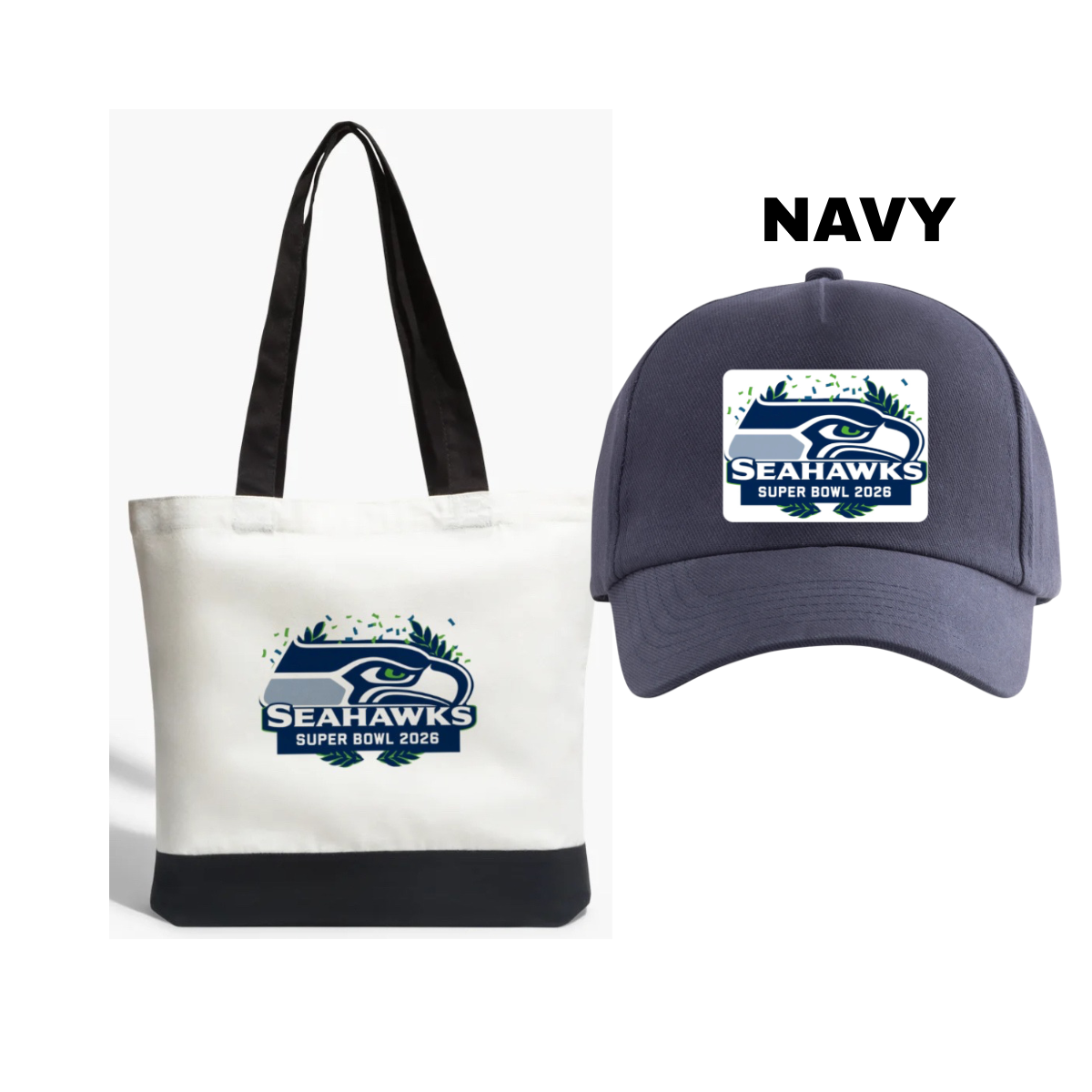 Seattle Seahawks Tote Bag (front/back) & Navy Cap
