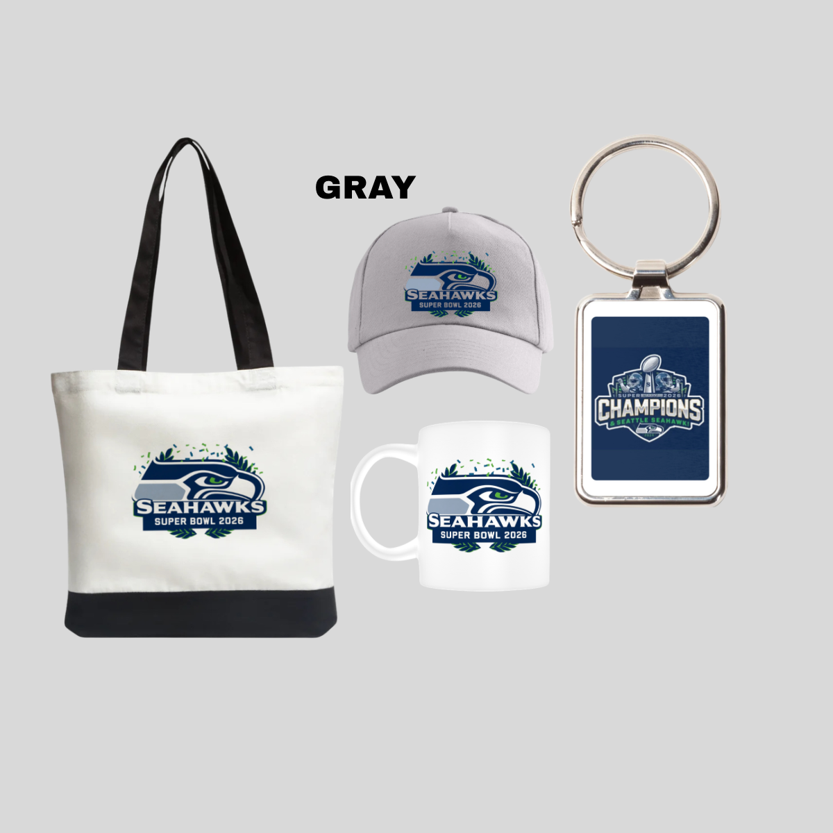 Seattle Seahawks Tote Bag (front/back) Grey Cap, Mug & Keychain