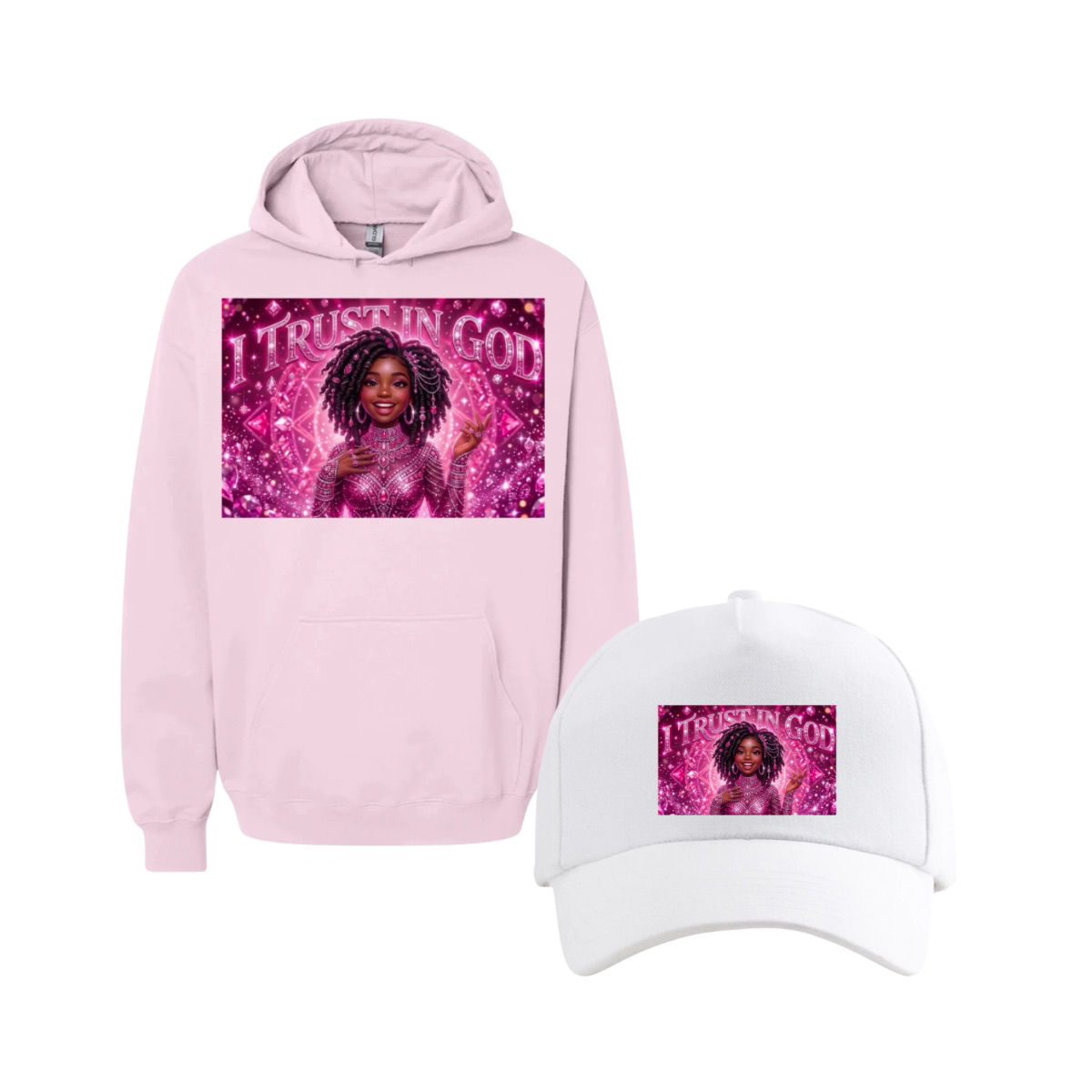 1- I Trust in God Pink Hoodie & 1 White Cap