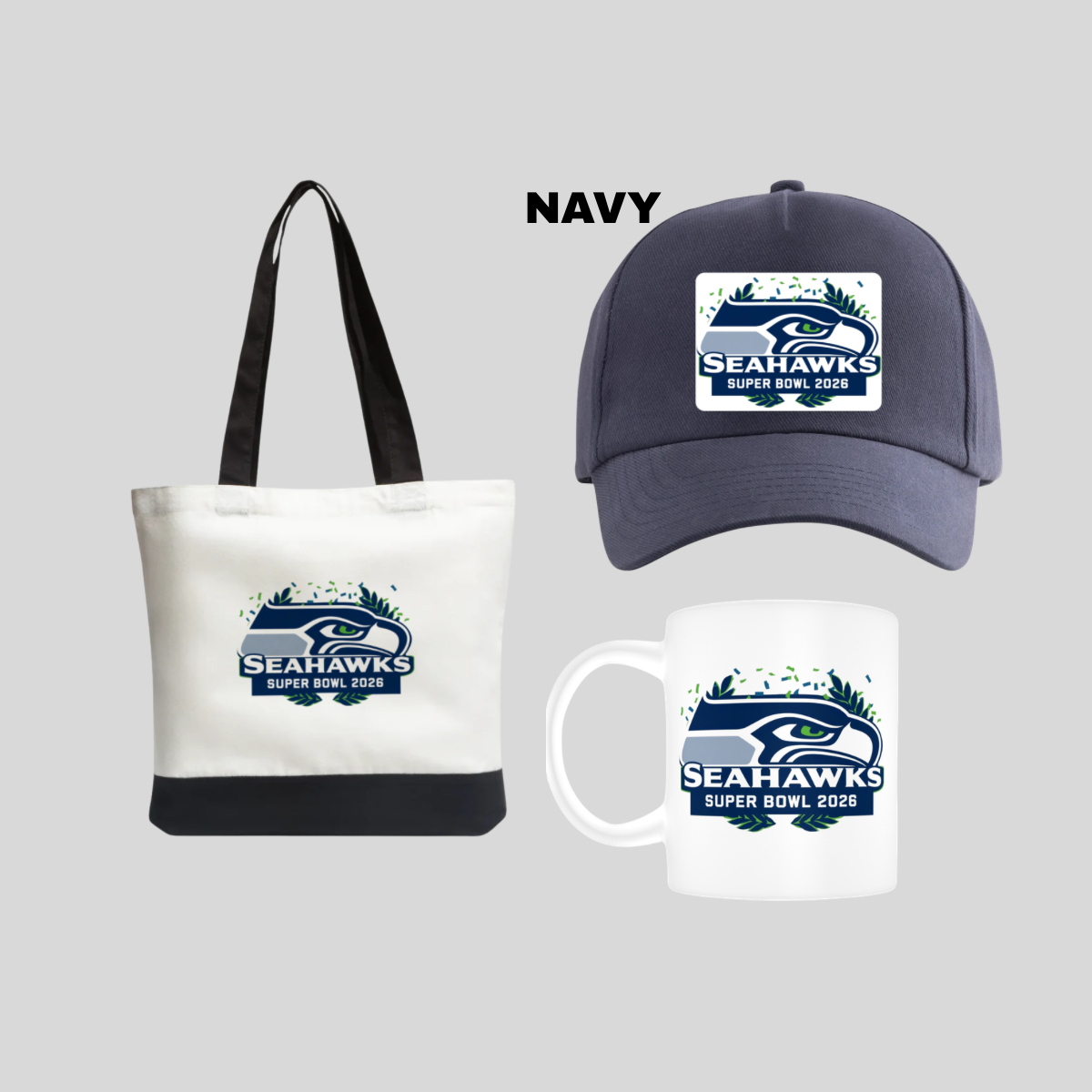 Seattle Seahawks Tote Bag (front/back) Navy Cap, & Mug
