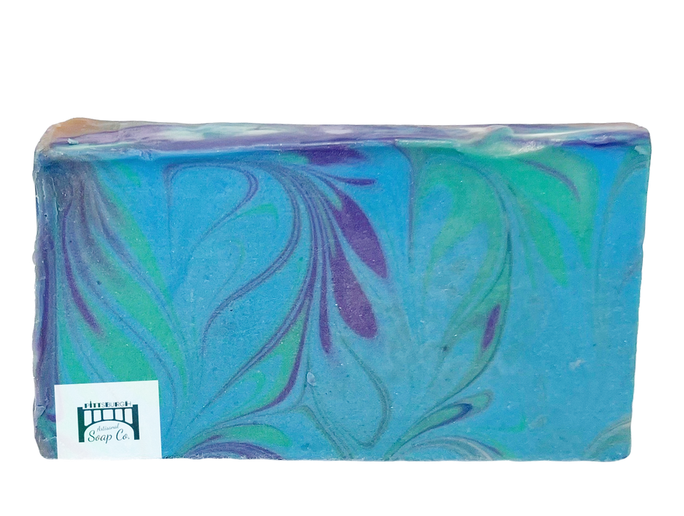 front view of turquoise, green, purple and tan swirled soap with the Pittsburgh Artisanal Soap Co. LLC Logo on the front