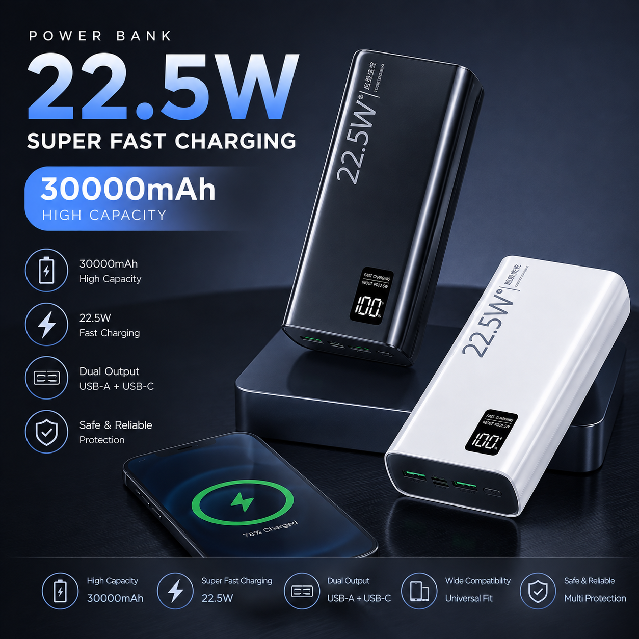 2 Por 230 | Power Bank 20000mAh Portátil Com Tela LCD, Saídas USB