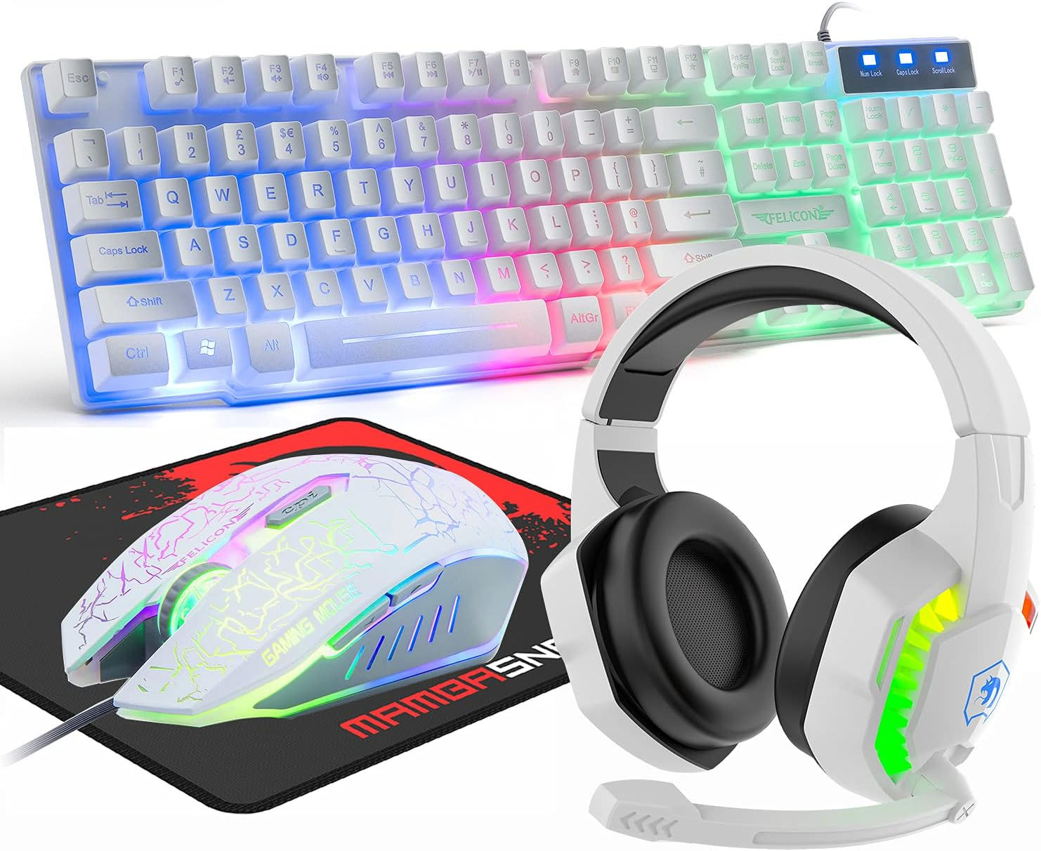 MAMBASNAKE T11 UK 100% Gaming Keyboard&Mouse&Headset&Mouse Pad Combo Set Rainbow