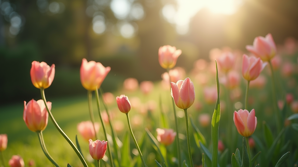 Eye-level view of a serene garden with blooming flowers