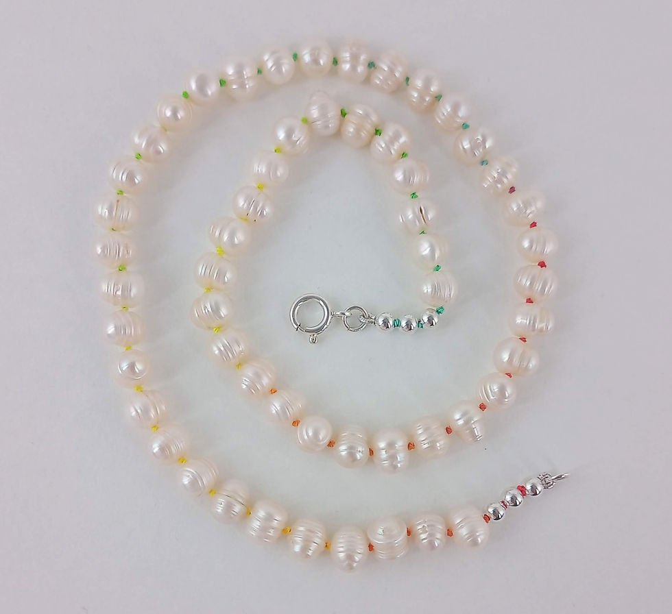 Thumbnail: Ringed Pearls and Rainbow Thread Necklace with Jewellery Box