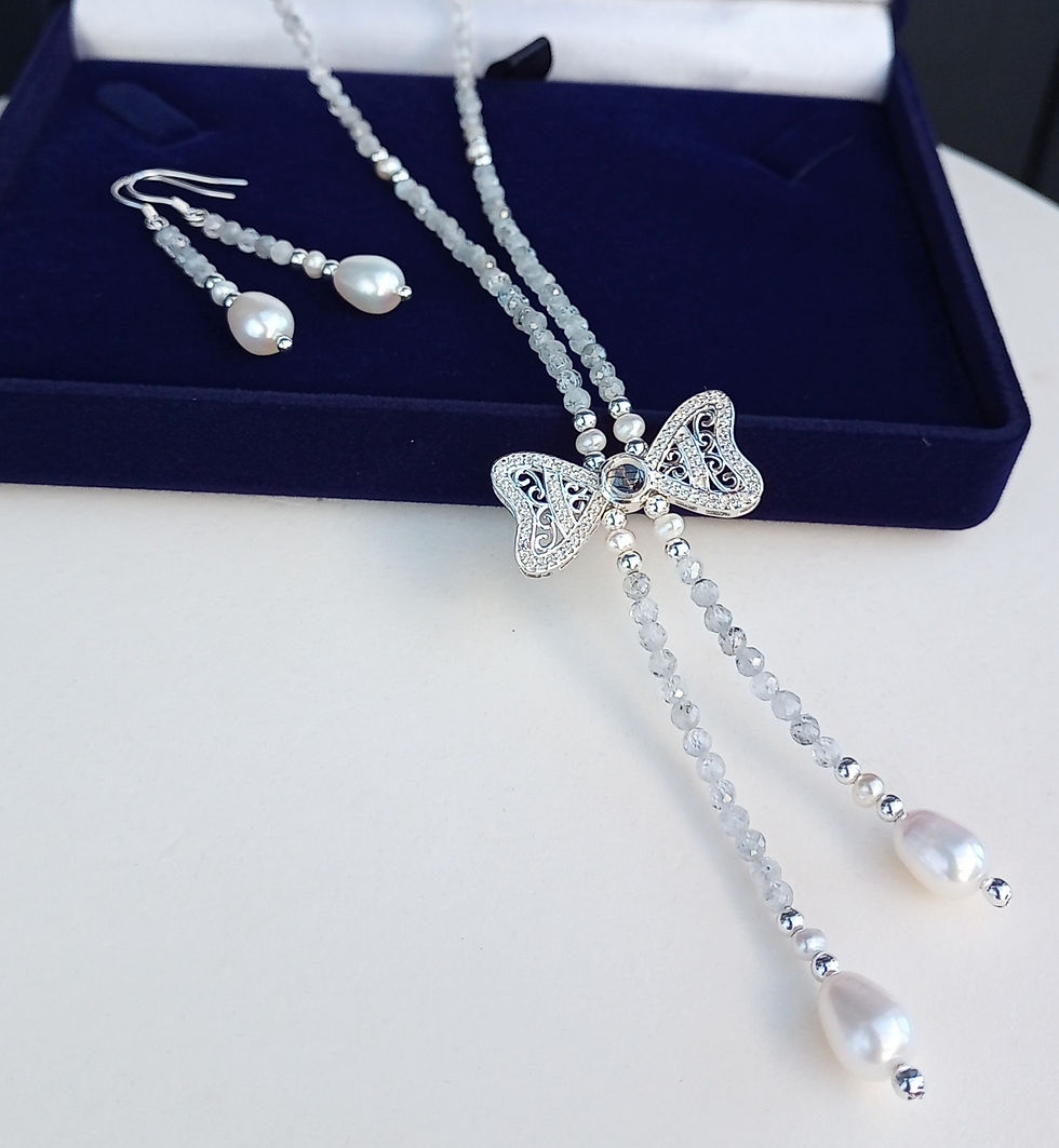 Thumbnail: White Zircon and Pearl Necklace and Earrings 