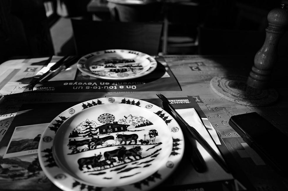 Leica Q3 monochrom - straight out of camera plates at the restaurant