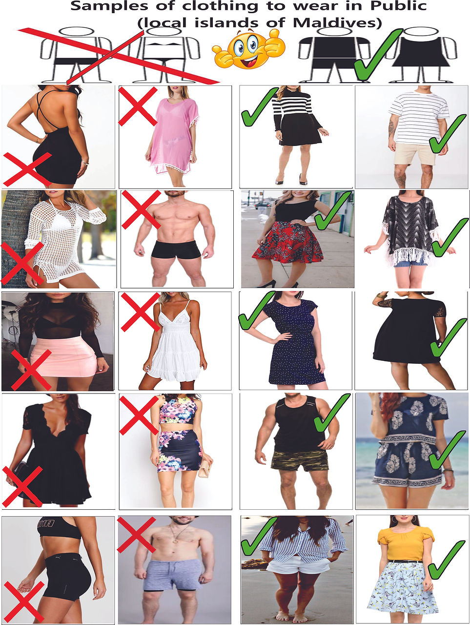 Samples of clothes to wear in public in the local islands of Maldives.