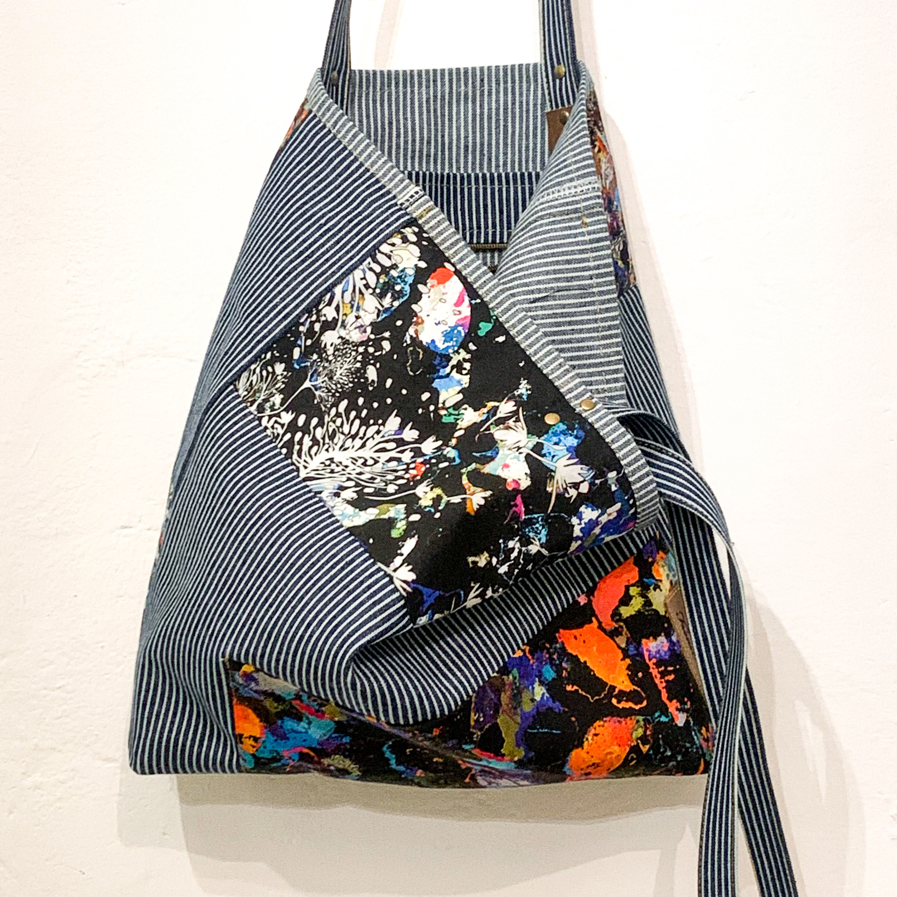 Abstract Print and Denim Shoulder Shopper