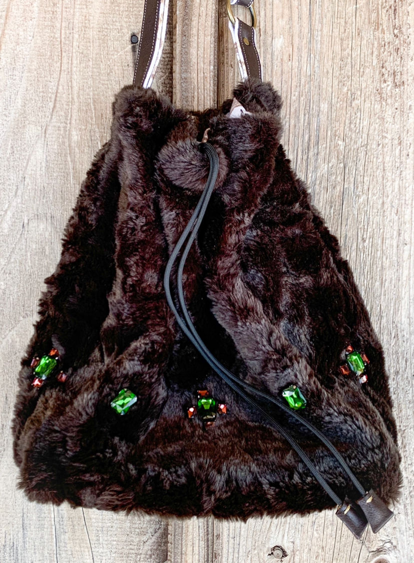 Thumbnail: Faux Fur Shoulder Bag Studded with Gemstones 