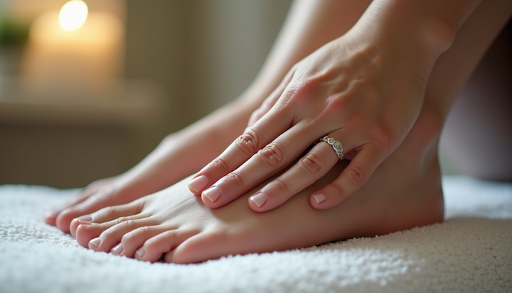 Close-up view of a hand applying pressure to a foot reflexology point