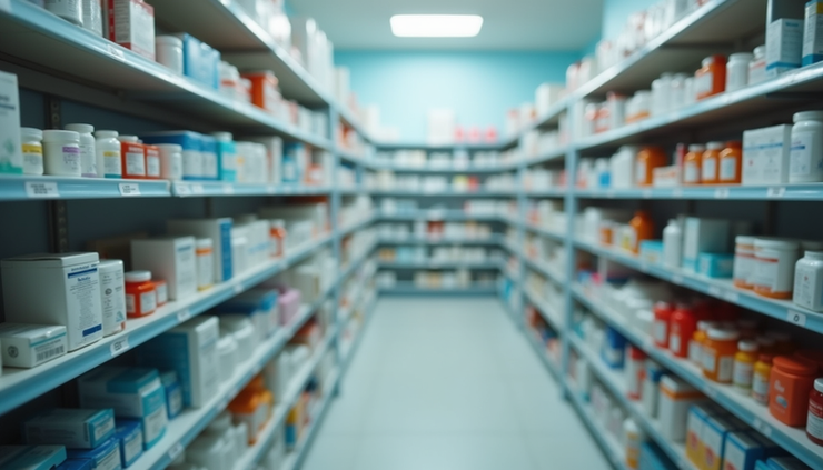 High angle view of a Czech pharmacy interior with shelves of medicines