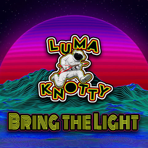 Luma Knotty's 'Bring the Light' album cover including an astronaut playing a red flying V guitar with the word "Luma" above the astronaut and "Knotty" under the astronaut, the album's title 'Bring the Light' is along the bottom, with a purple, pink, green, and blue background