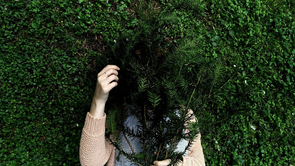 A person lying in a bed of green plants, partially hidden behind a bundle of branches—symbolizing retreat, self-protection, and the quiet overwhelm of survival mode.