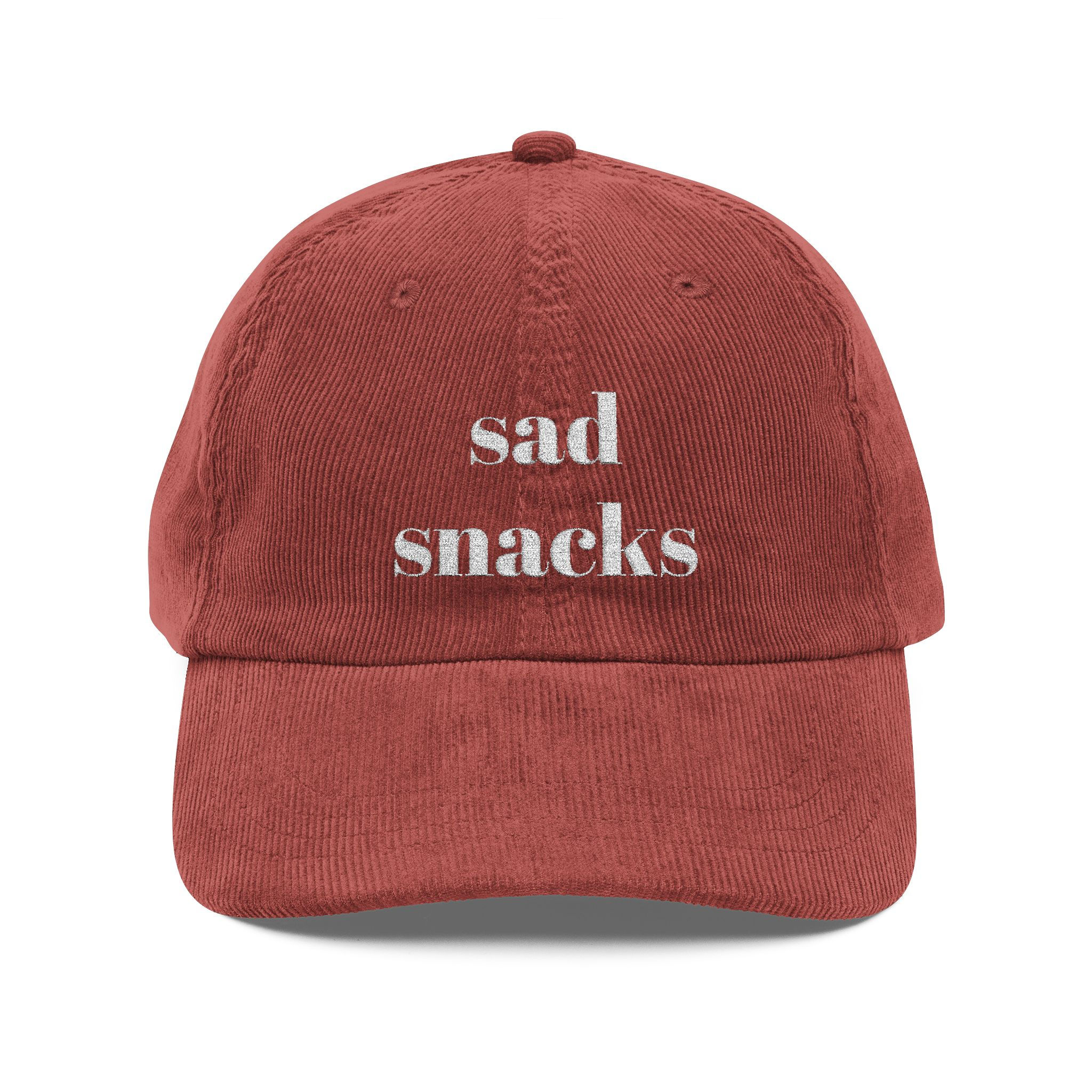Vintage Corduroy Cap — Embroidered "sad snacks" Dad Hat with Back Smile