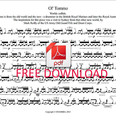 Image of printed snare drum music as a link to free pdf file of snare drum solo - "Ol' Tommo"