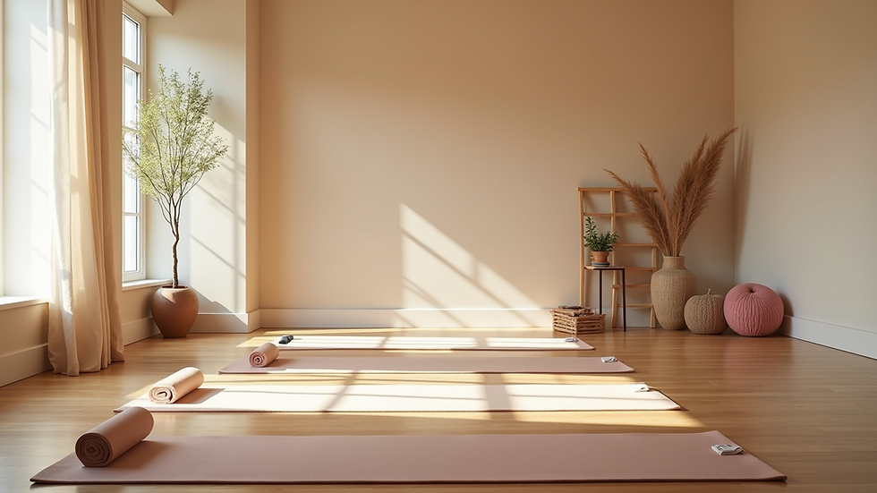 Eye-level view of a serene yoga studio with mats and calming decor