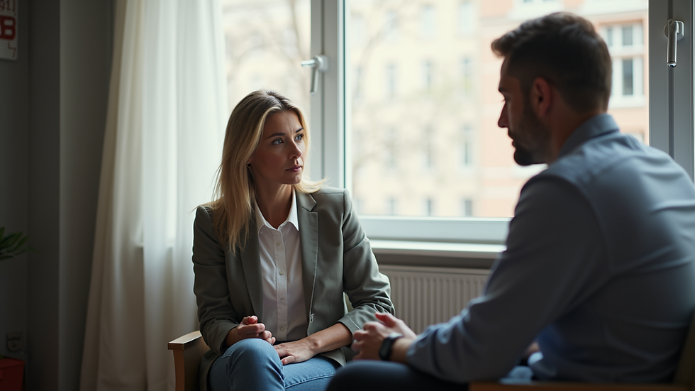 Eye-level view of a therapist and client engaged in a counseling session