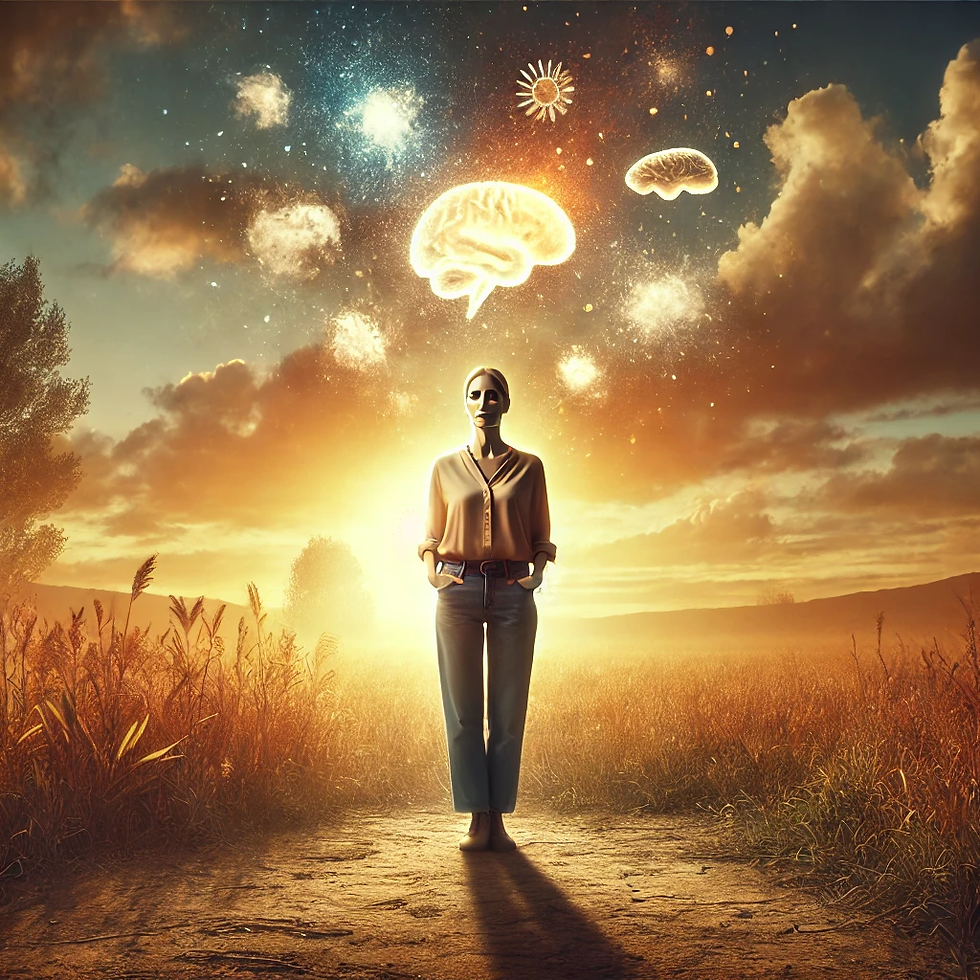 Mujer caminando con nubes de pensamientos