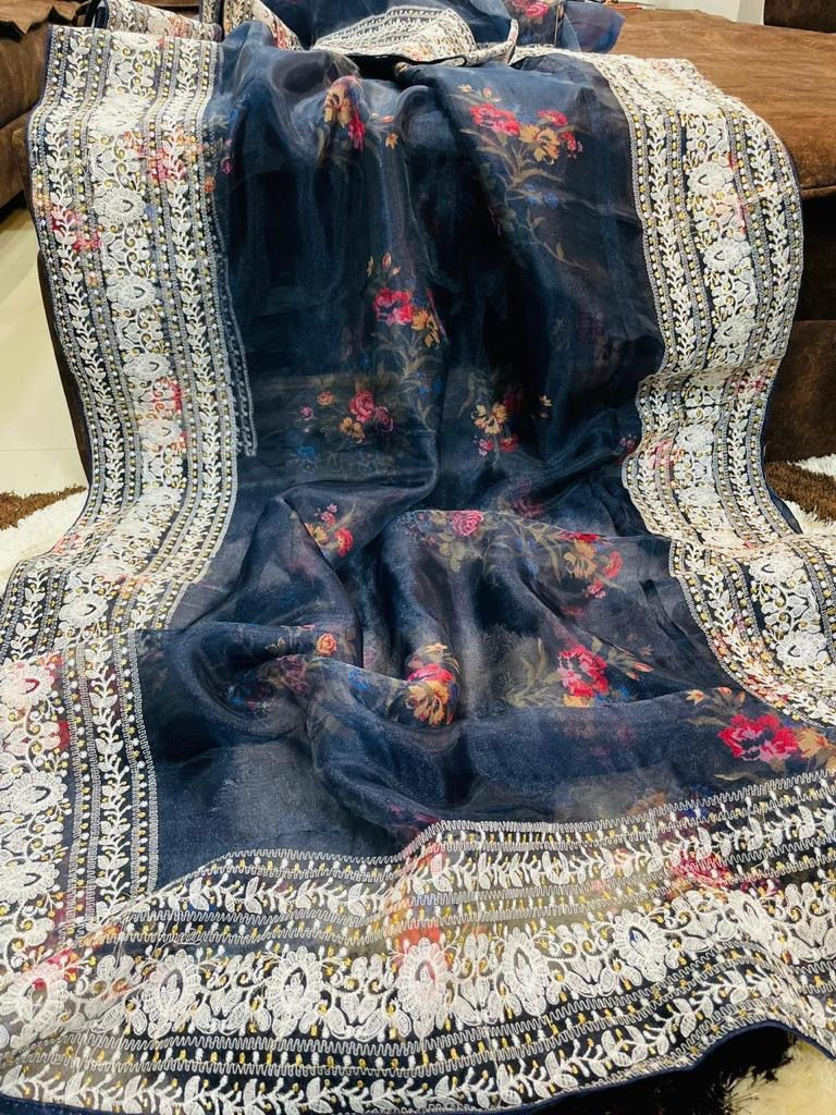 Thumbnail: Floral Printed Organza with hand work border 