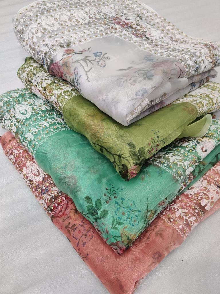 Thumbnail: Floral Printed Organza with hand work border 