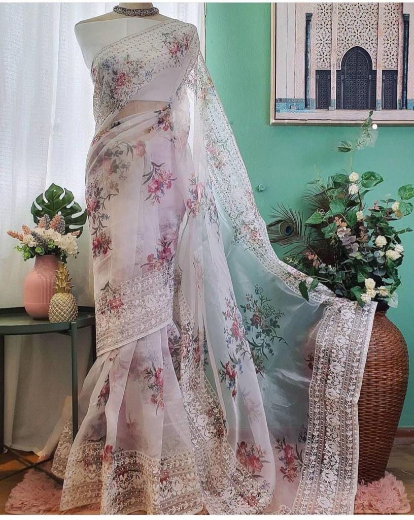 Thumbnail: Floral Printed Organza with hand work border 