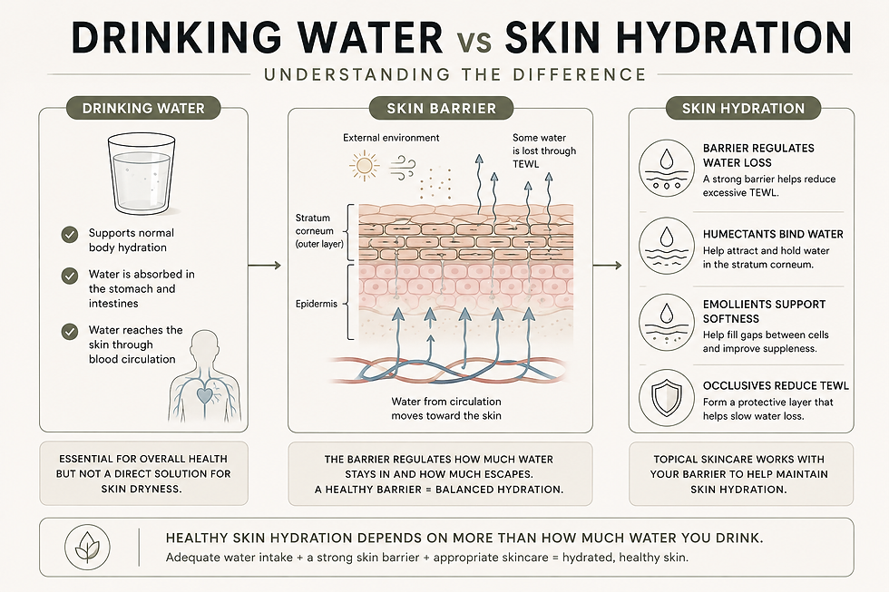 Infographic comparing drinking water with skin hydration, showing how water reaches the skin through circulation while the skin barrier, humectants, emollients and occlusives help regulate hydration and water loss.