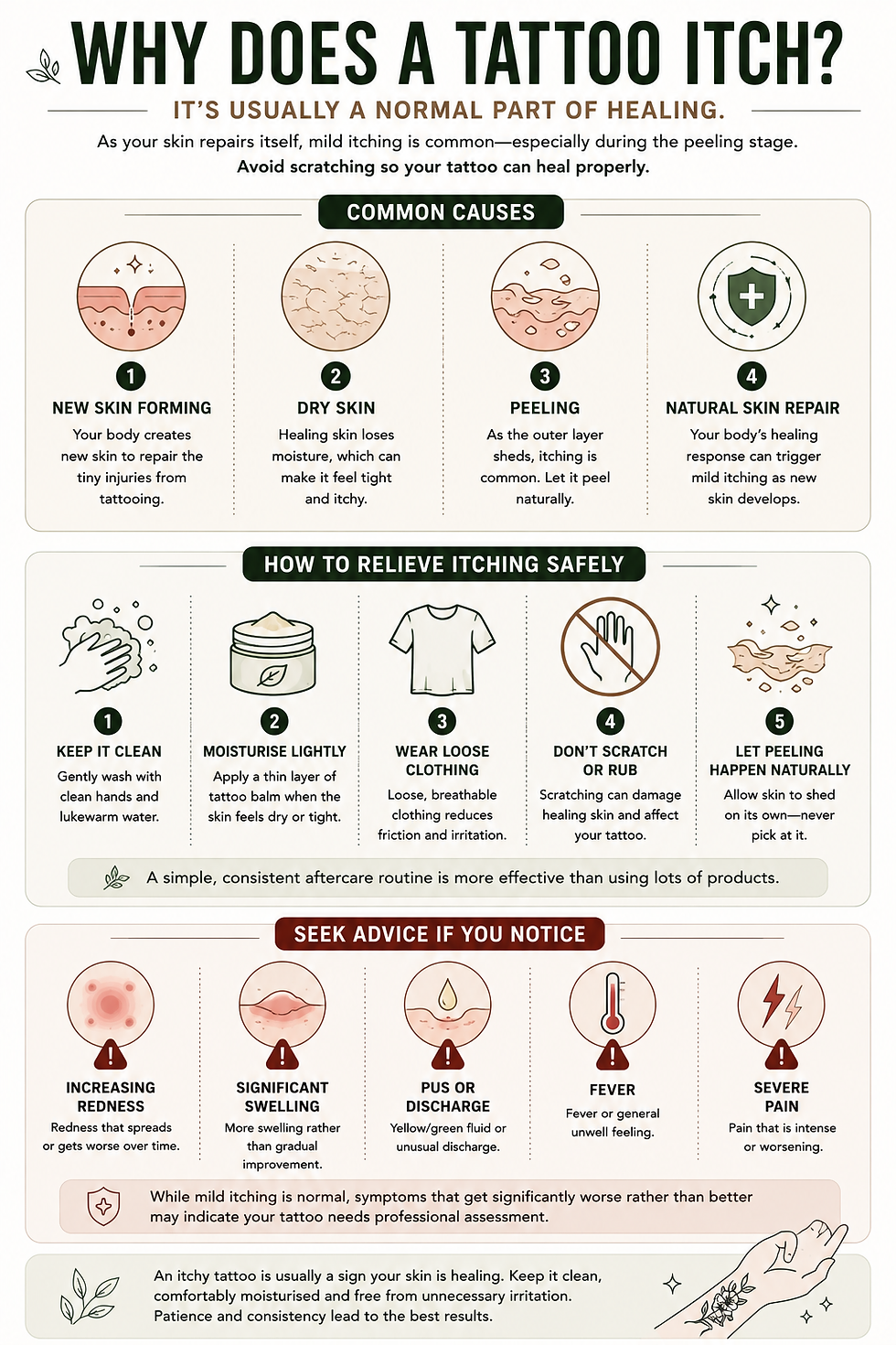 Why does a tattoo itch infographic explaining the common causes of tattoo itching, safe ways to relieve discomfort and the warning signs that need professional advice.