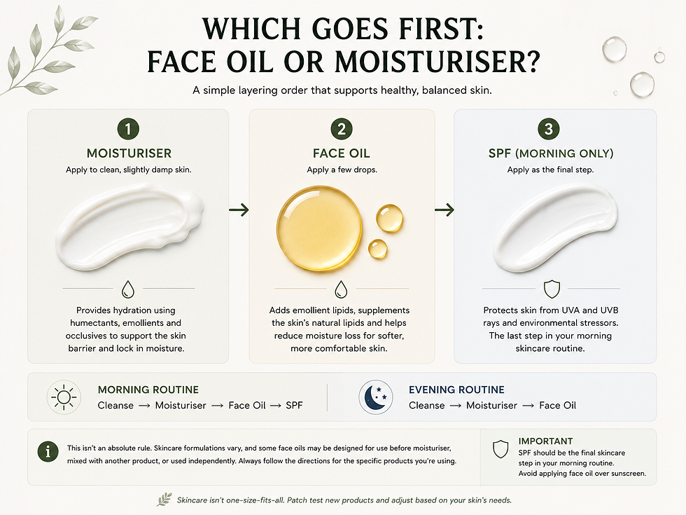 Face oil vs moisturiser infographic showing moisturiser applied first, followed by face oil, with SPF as the final step in a typical morning skincare routine.