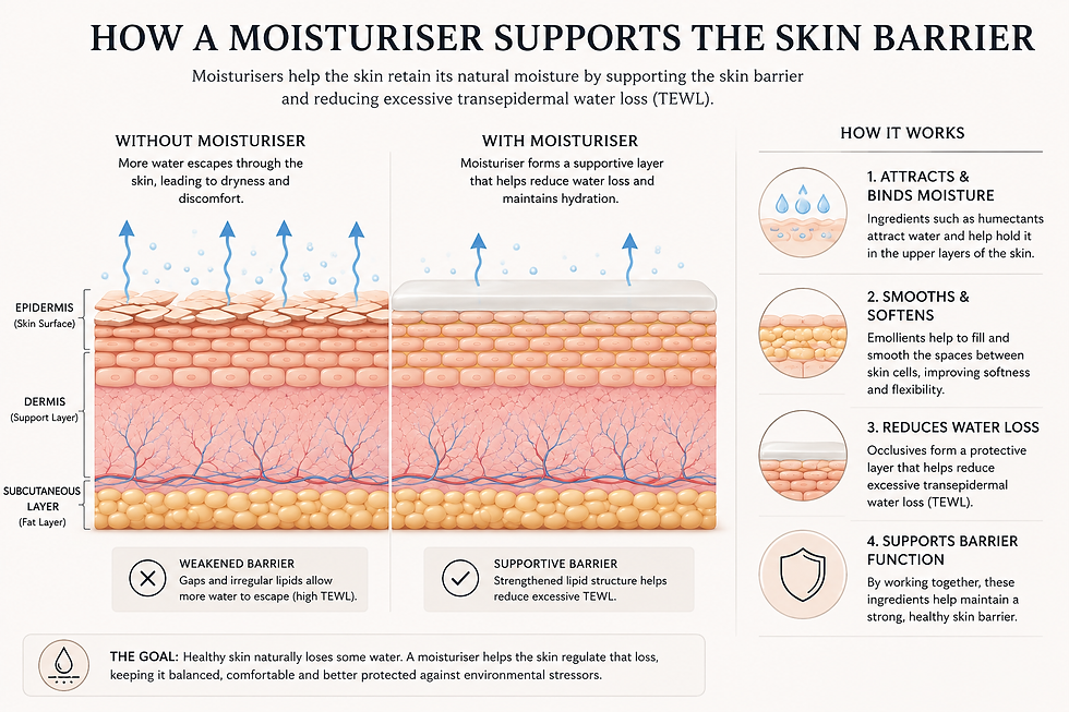 Illustration comparing skin without moisturiser and skin with moisturiser, showing how moisturisers support the skin barrier, reduce excessive transepidermal water loss (TEWL) and help maintain healthy skin hydration.