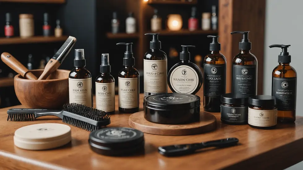 Wide angle view of a sophisticated grooming setup featuring beard care products