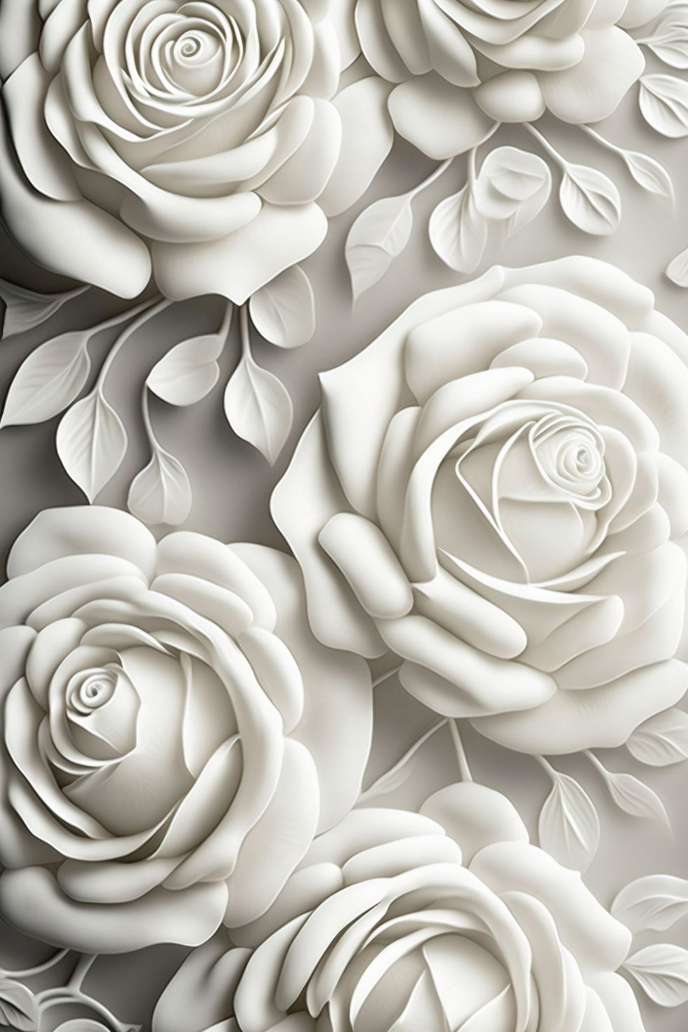 a painting of white roses with leaves on a grey background