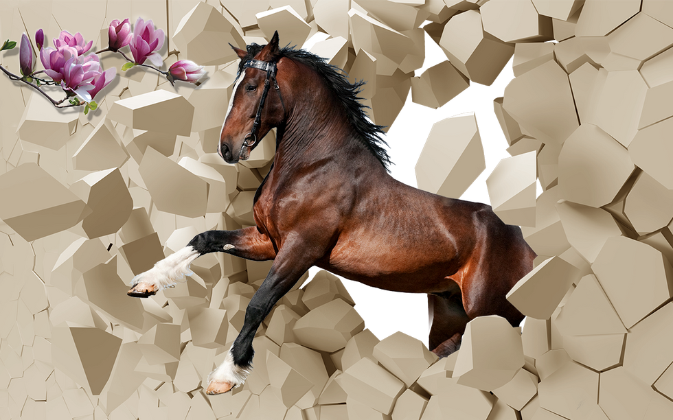 a brown horse is jumping through a hole in a wall