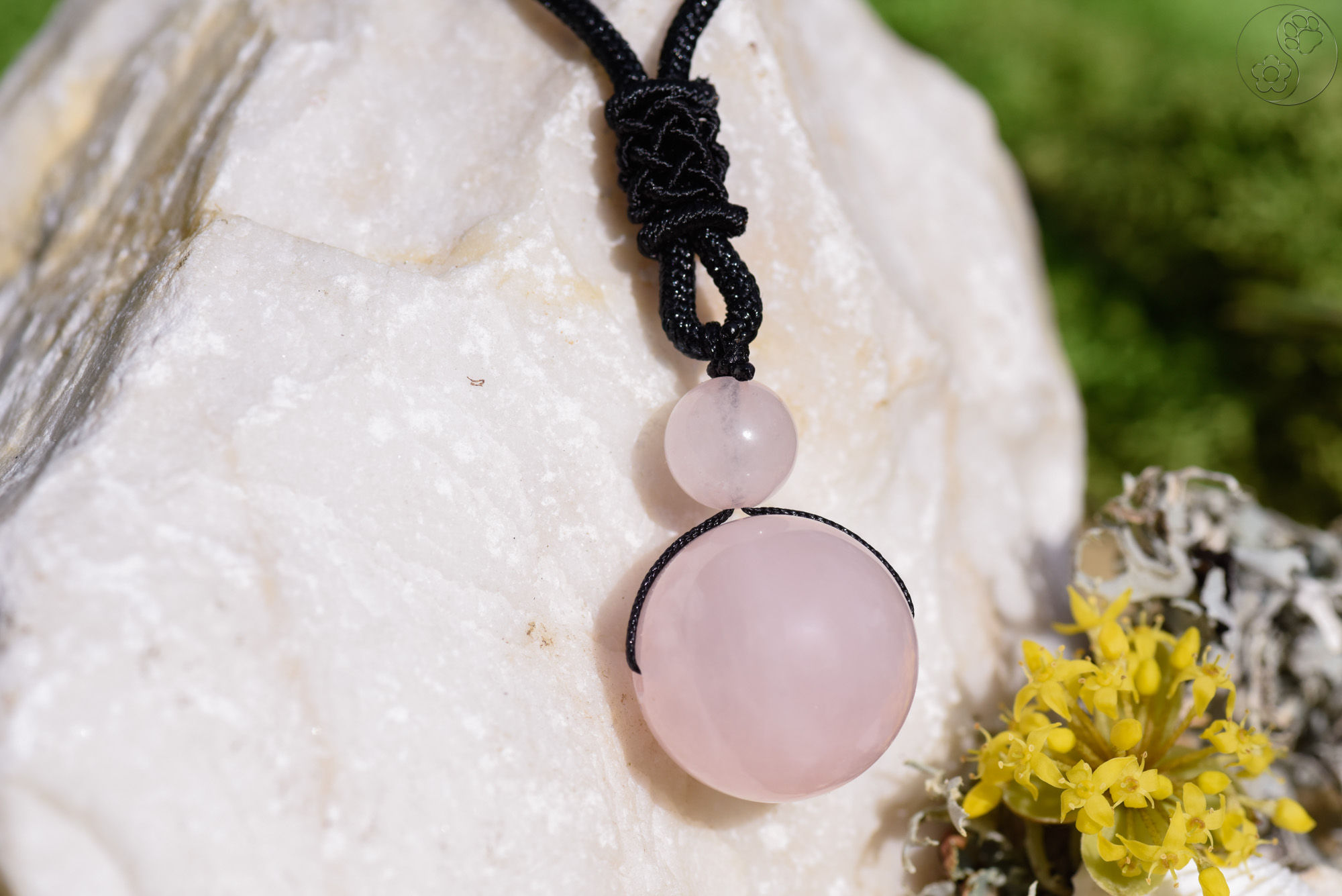 Halskette, Band mit großer und kleiner Heilstein Perle, Rosenquarz, alternative Methode, Steinschmuck