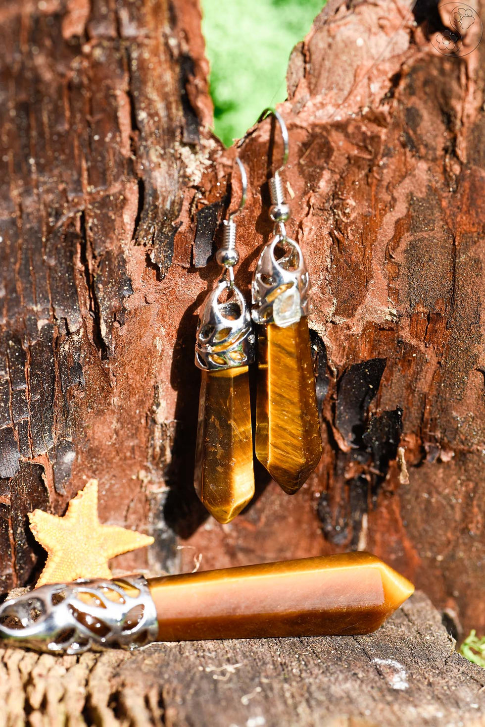 Anhänger, Ohrringe mit Haken, Metallfassung, Heilstein in Kristallform, Tigerauge, alternative Methoden, Steinschmuck