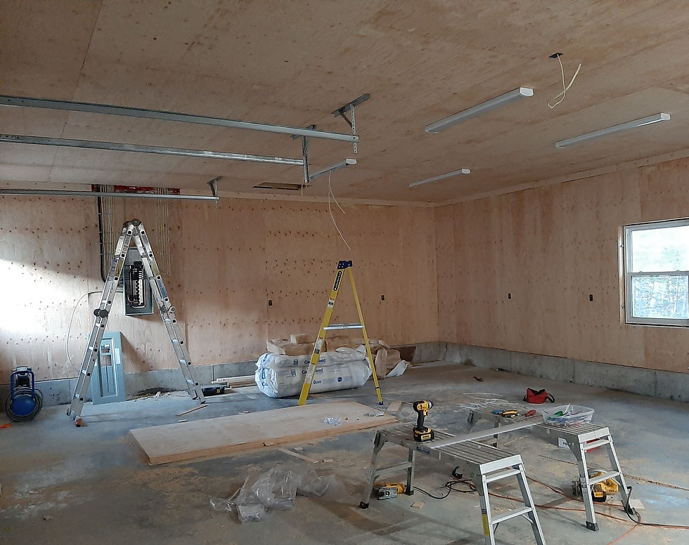 2 Ladders, 2 step benches and plywood in the space that is now finished with plywood walls. 5 Long lights installed in the ceiling.