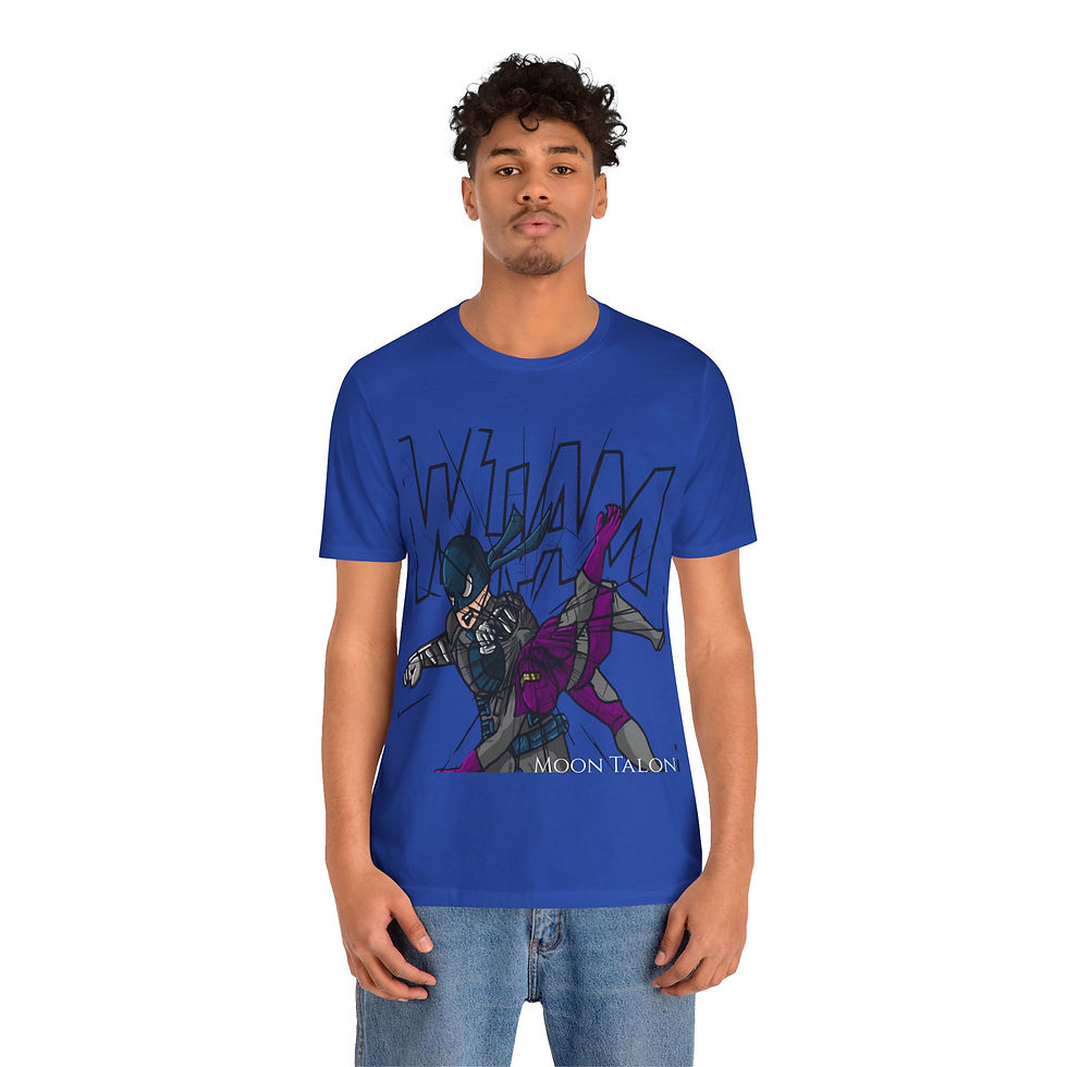Thumbnail: Man wearing a blue Moon Talon Superhero T-shirt.