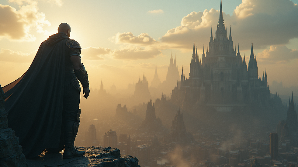 High angle view of a fantasy city with a towering figure overlooking it