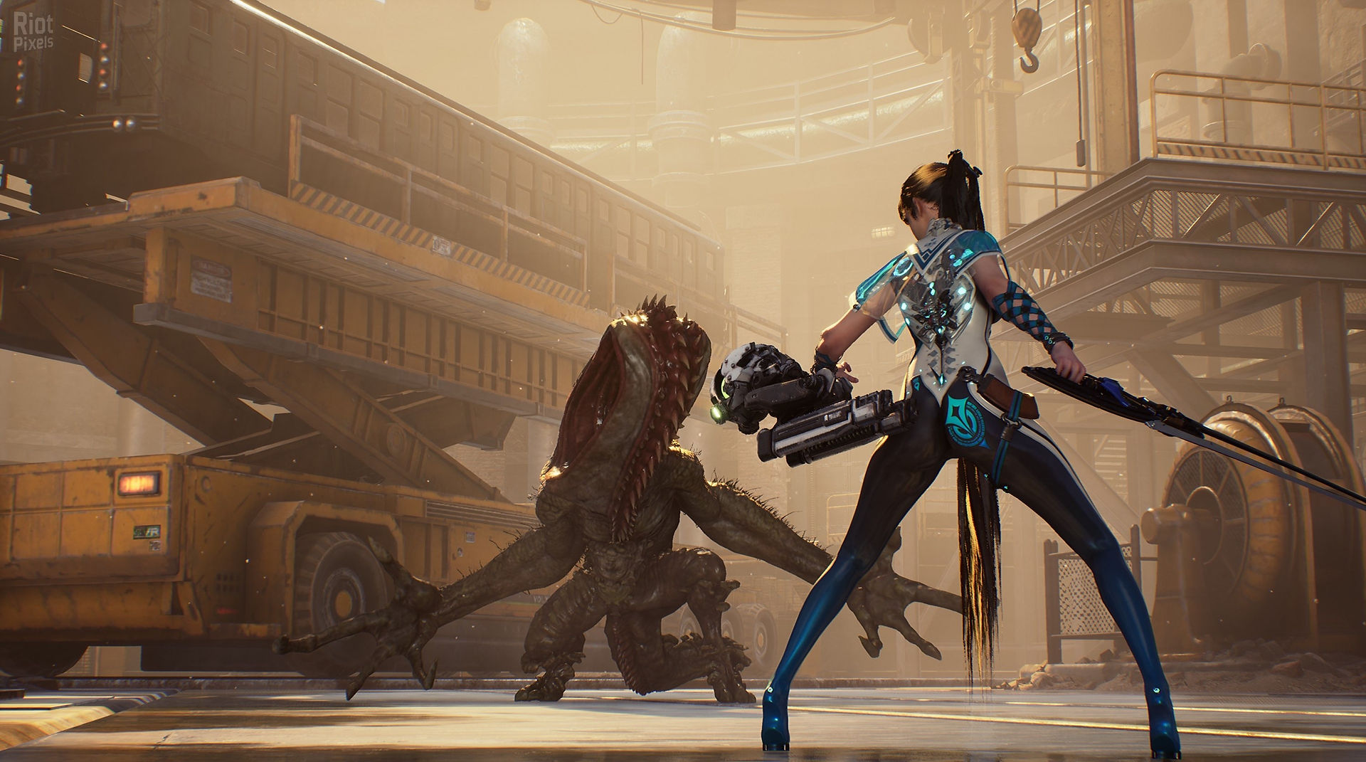 Eve from Stellar Blade facing a monster in a dusty hangar.