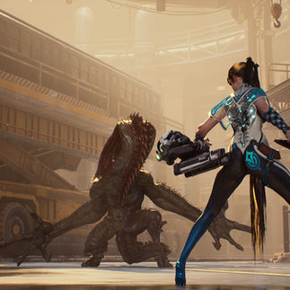 Eve from Stellar Blade facing a monster in a dusty hangar.