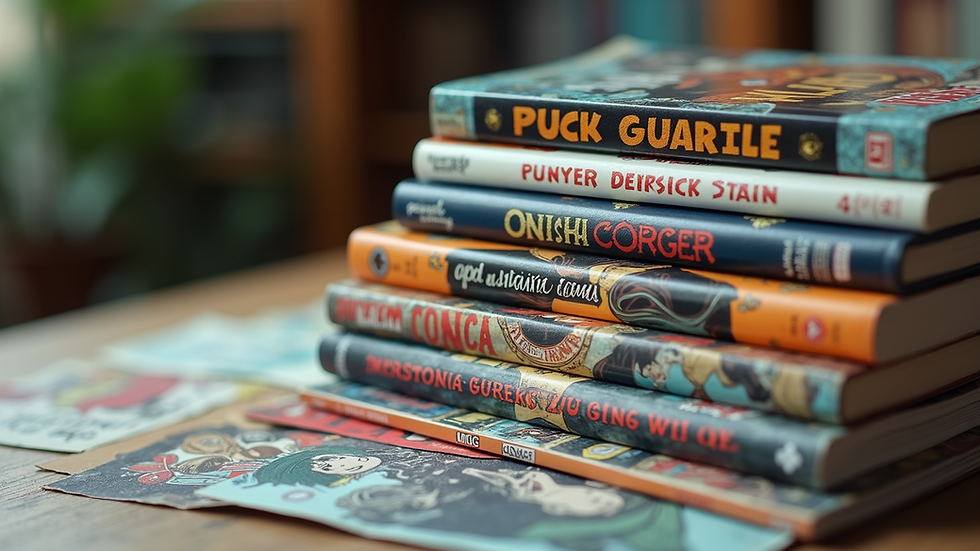 Close-up view of a stack of independently published comic books on a table