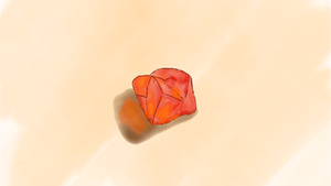 A vaguely gem-shaped red plastic bead on a light orange background with soft shadows, creating a minimalistic and calm mood - with a hint of fire.